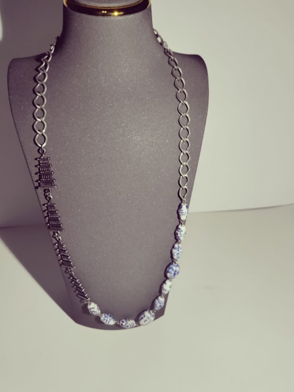 Blue White Porcelain Style Pagoda Statement Necklace